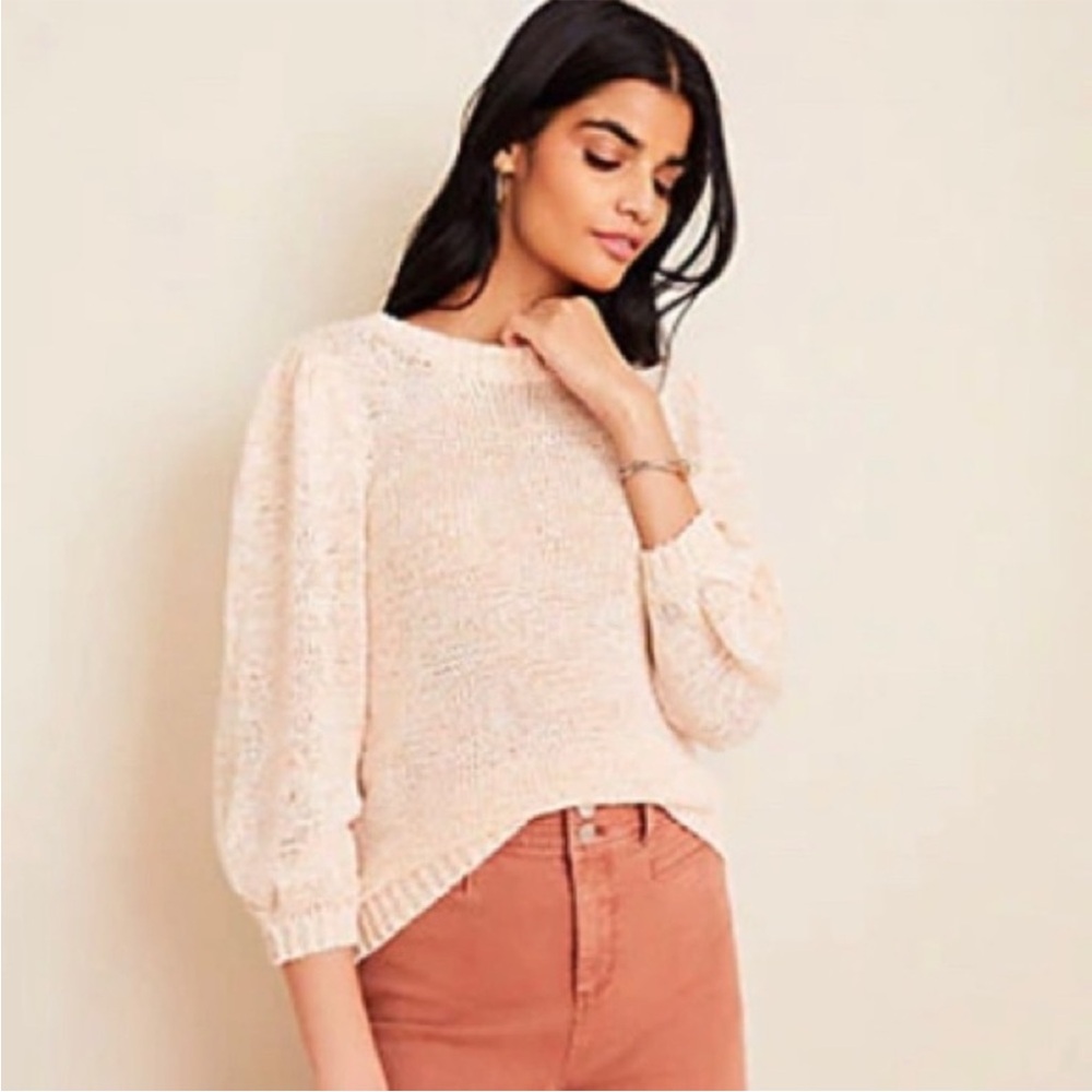 Ann Taylor Marled Peach Puff Sleeve Knit Sweater